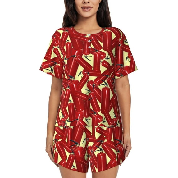 Kdxio Fire Extinguisher Print Pajamas Sets for Women Short-Sleeved Pjs with Lounge Shorts Two Piece Sleepwear S-4XL