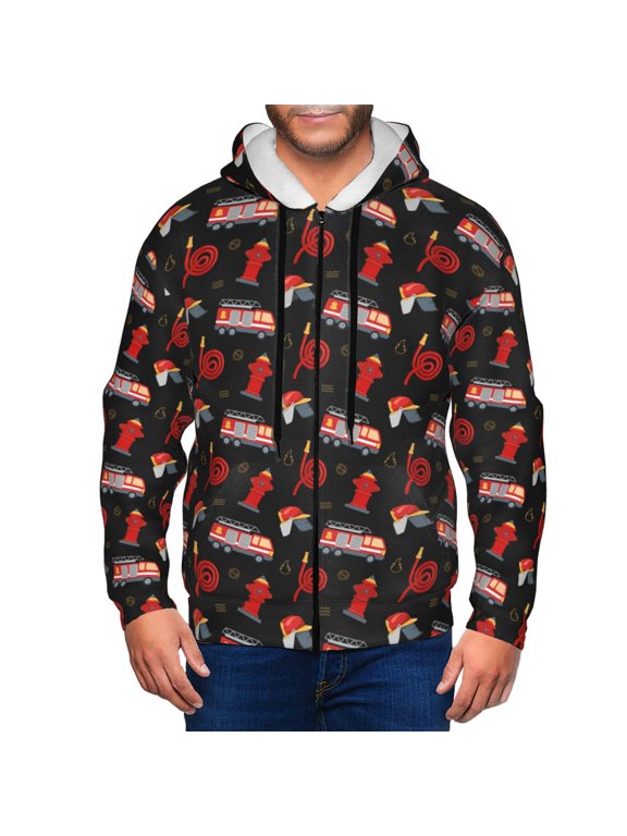 Fire Fighting Print Men Hoodies Casual Hoodies for Men with Zip Pockets Full Zip Long Sleeve Sweatshirt Sports Hooded Jacket-Small