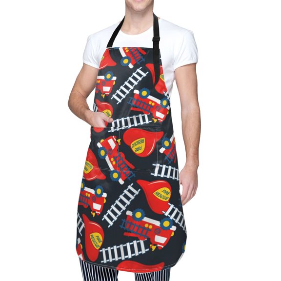 Kdxio Fire Rescue With Red Helmet And Truck Apron with Pockets Adjustable Kitchen Aprons for Men Women Waterproof Aprons for Cooking,Drawing,Crafting, Baking Household Cleaning