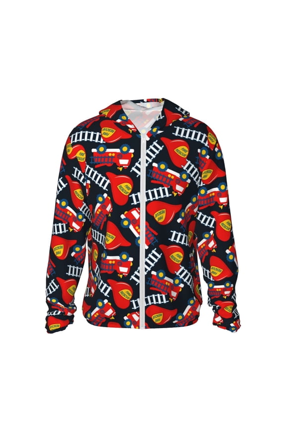 Fire Rescue With Red Helmet And Truck Print Women Men Sun Protection UPF 50+ Jackets Zip Up Long Sleeve Hoodie Hiking Lightweight with Pockets