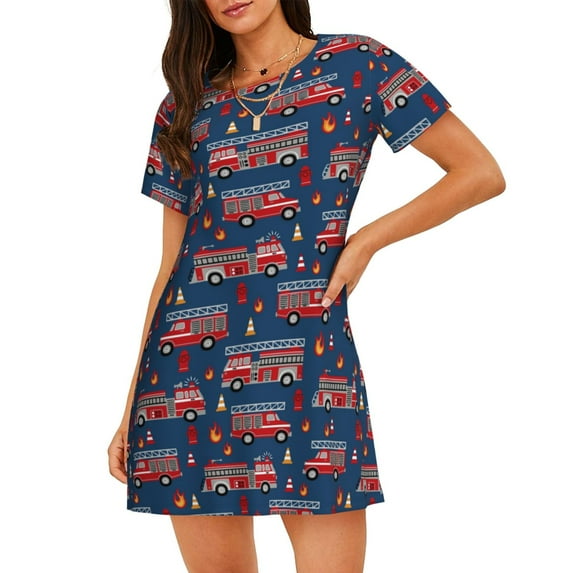 Kdxio Fire Truck 1 Pattern Womens Short Sleeve Sleepshirt Scoopneck Cute Nightdress Ruffle Comfy Nightgown