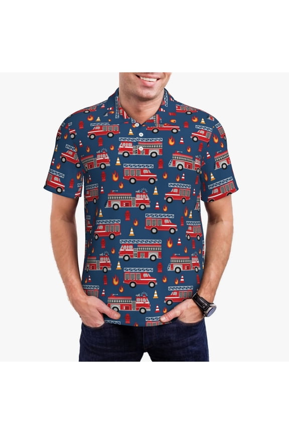 Fire Truck 1 Print Men's Short Sleeve Polo Shirt,Midweight Men's Shirt