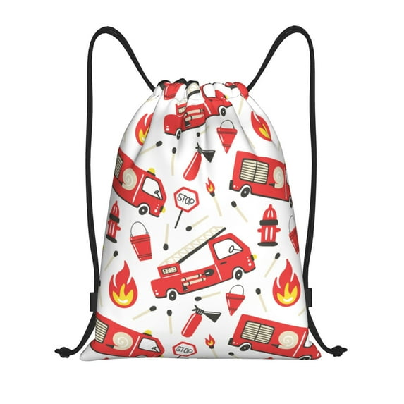 Kdxio Fire Truck Print Drawstring Backpack Bag,Waterproof Draw String Back Sack, Gym Drawstring Bags Swim Bag For Unisex