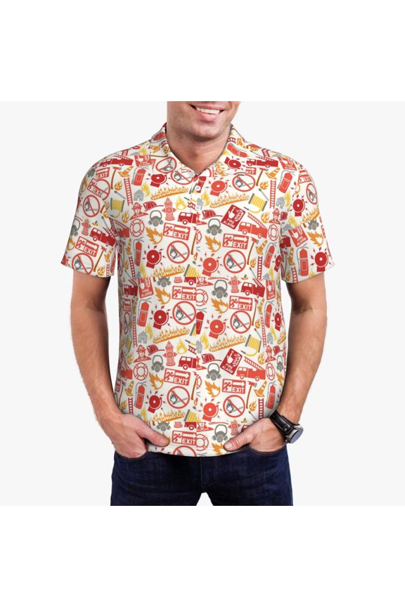 Firefighter Icons Print Men's Short Sleeve Polo Shirt,Midweight Men's Shirt