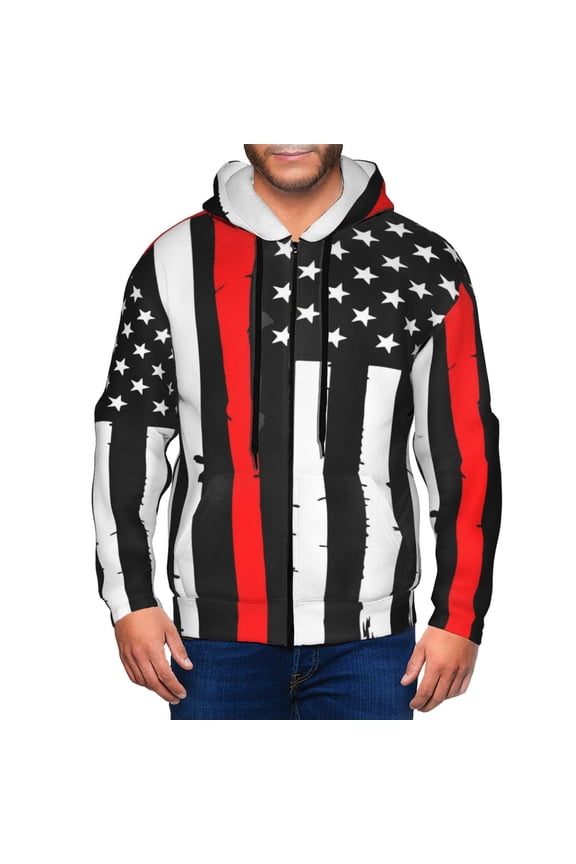 Firefighters USA Flag Print Men Hoodies Casual Hoodies for Men with Zip Pockets Full Zip Long Sleeve Sweatshirt Sports Hooded Jacket-Medium