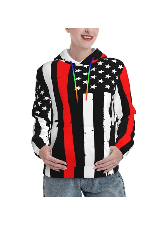 Firefighters USA Flag Print Womens Oversized Hoodies Sweatshirts Hooded Pullover Tops Sweaters Casual-XX-Large