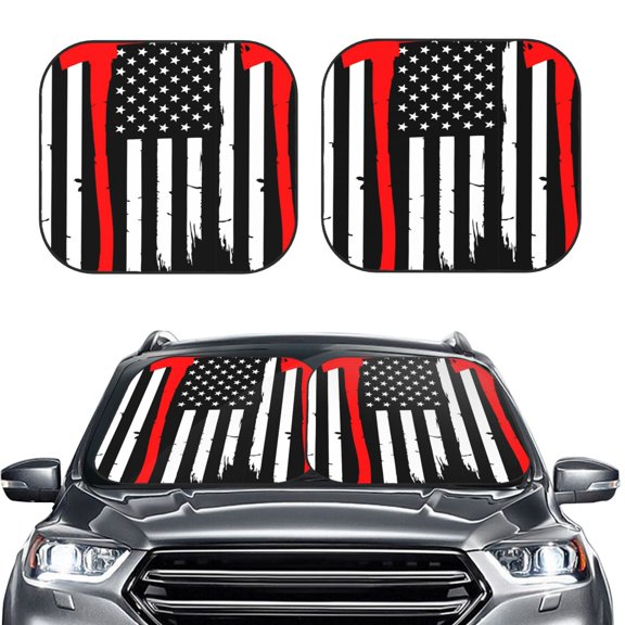 Kdxio Firefighters Usa Flag Print 2-Piece Sun Shade Front Windshield - Foldable Car Front Window Sunshades For Most Sedans Suv Truck