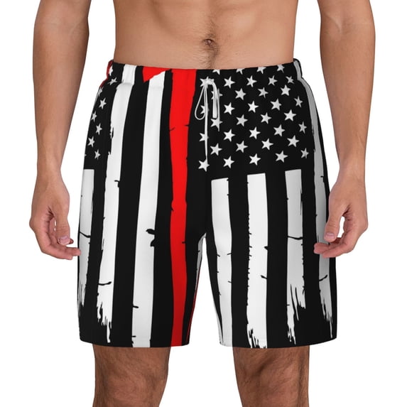 Kdxio Firefighters Usa Flag Print Men'S Swim Trunks With Compression Liner 7 Inch Inseam Quick Dry Swim Shorts