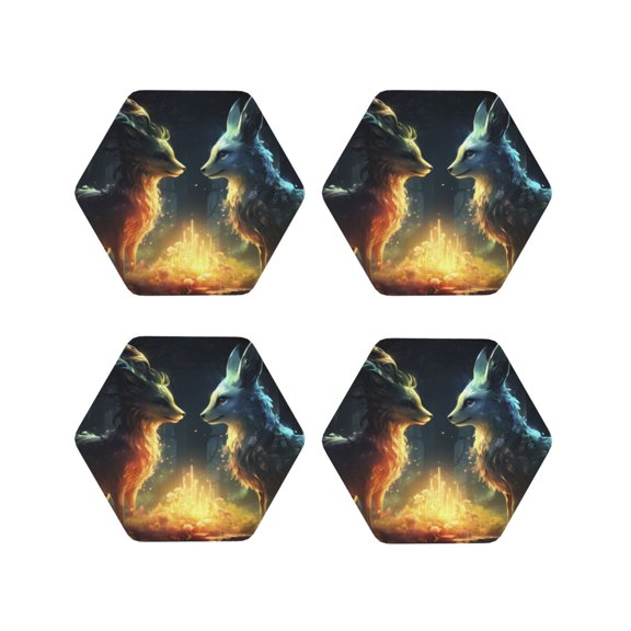 Kdxio Firefly Forest Fox Funny Coasters,4 Pcs Leather Coasters,Housewarming Gifts,Protect Furniture from Water Marks Scratch and Damage