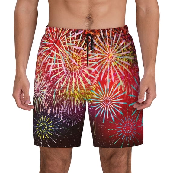 Kdxio Fireworks Print Men's Swim Trunks with Compression Liner 7 Inch Inseam Quick Dry Swim Shorts
