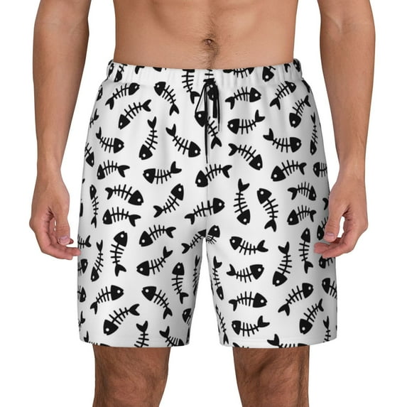 Kdxio Fish Bone Print Men's Swim Trunks with Compression Liner 7 Inch Inseam Quick Dry Swim Shorts