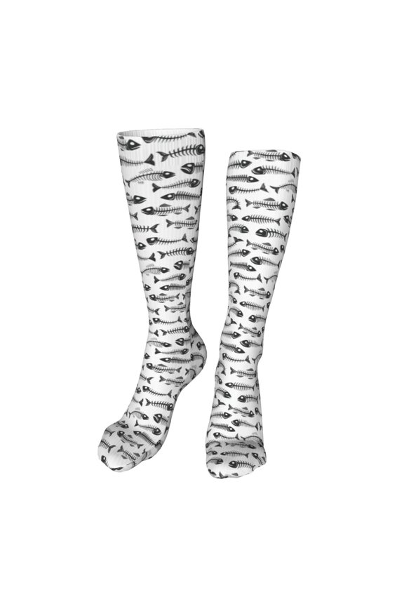 Fish Bones Funny Silky Novelty Funky Long Knee High Socks Soft 3D Print Cosplay Crazy Stockings for Men Women