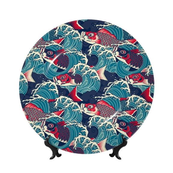 Kdxio Fish In The Wave Bone China Decorative Plate Ceramic Decorative Plate for Home Office Wall Stand Decorative Plates for Home Bedroom-7in