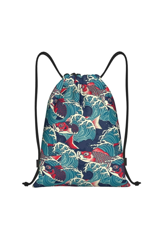 Fish In The Wave Print Drawstring Backpack Bag,Waterproof Draw String Back Sack, Gym Drawstring Bags Swim Bag For Unisex