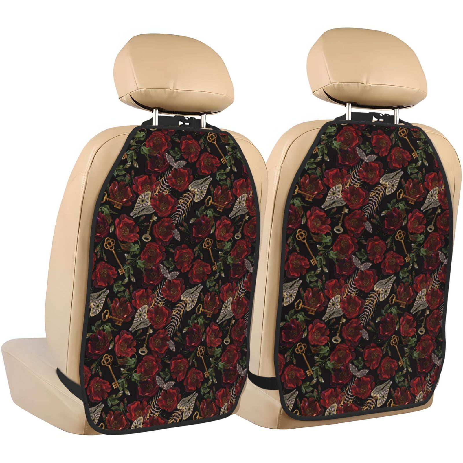 Kdxio Fishbone Rose Print 2 Pack Car Kick Mat Seat Cover Back Protector Mat with Pockets for Organizer Backseat Protector and Storage Anti Kick Pad for Vehicles