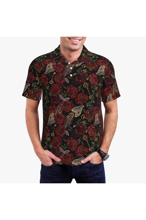 Fishbone Rose Print Men's Short Sleeve Polo Shirt,Midweight Men's Shirt