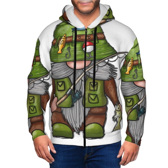 Kdxio Fishing Gnome Print Men Hoodies Casual Hoodies for Men with Zip Pockets Full Zip Long Sleeve Sweatshirt Sports Hooded Jacket-Small