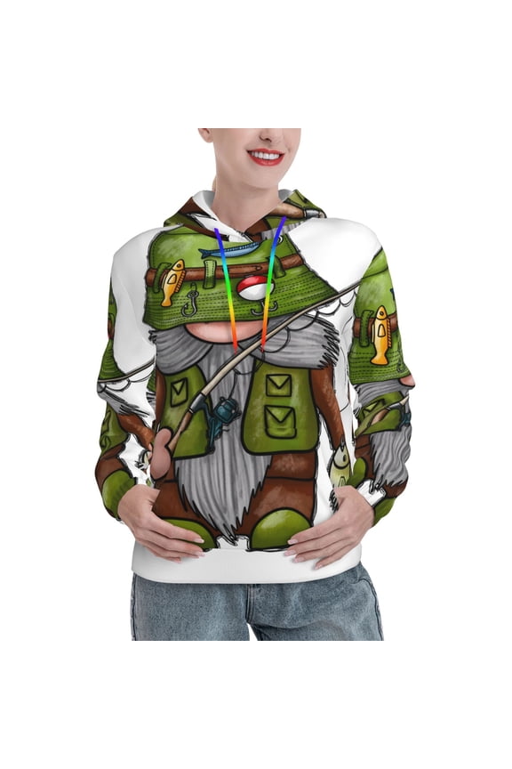 Fishing Gnome Print Womens Oversized Hoodies Sweatshirts Hooded Pullover Tops Sweaters Casual-X-Large