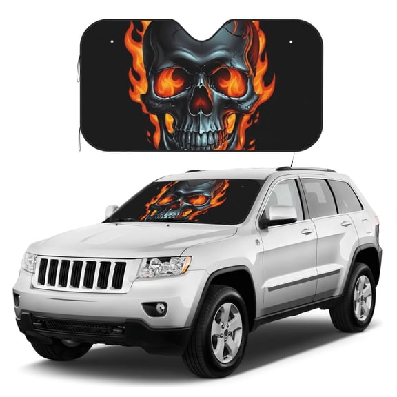 Kdxio Flame Metal Skull Print Windshield Sun Shade, Foldable Sun Blocker for Car,Truck,SUV Automotive Interior Sun Protection,Reflective Shade for Front Windshield(Medium)