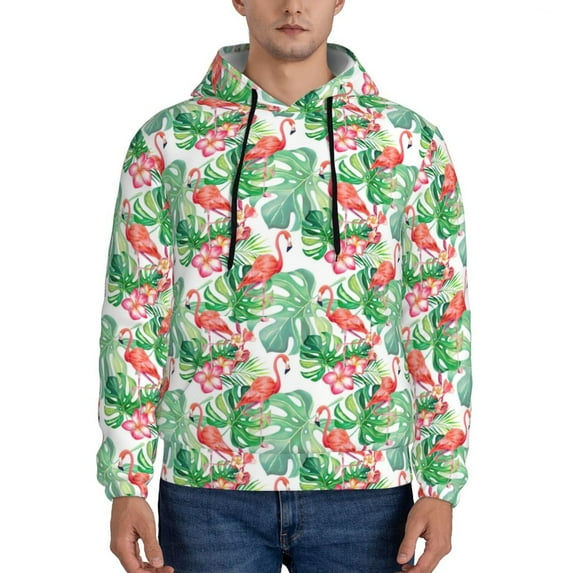 Kdxio Flamingo And Monstera Print Mens Casual Hooded Collar Drawstring Hoodies Pullover Sweatshirts Casual Long Sleeve Shirts-Small