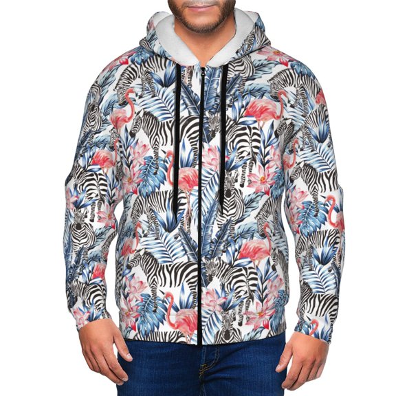 Kdxio Flamingo And Zebra Print Men Hoodies Casual Hoodies for Men with Zip Pockets Full Zip Long Sleeve Sweatshirt Sports Hooded Jacket-Large