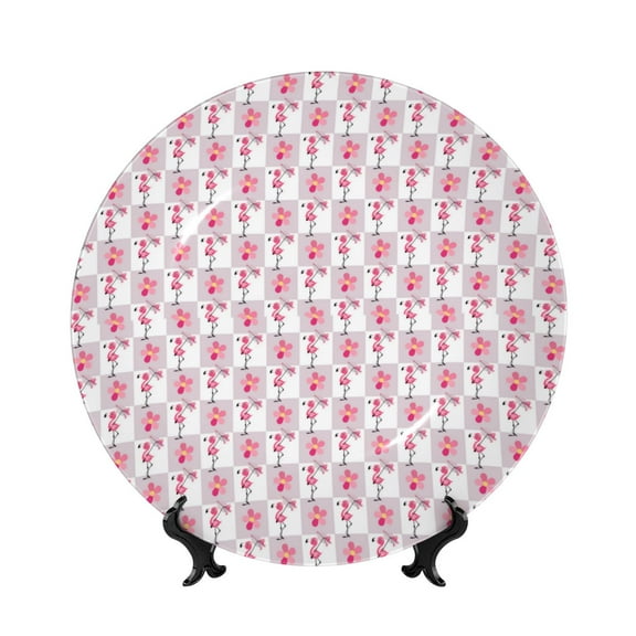 Kdxio Flamingo On Checkered Bone China Decorative Plate Ceramic Decorative Plate for Home Office Wall Stand Decorative Plates for Home Bedroom-7in