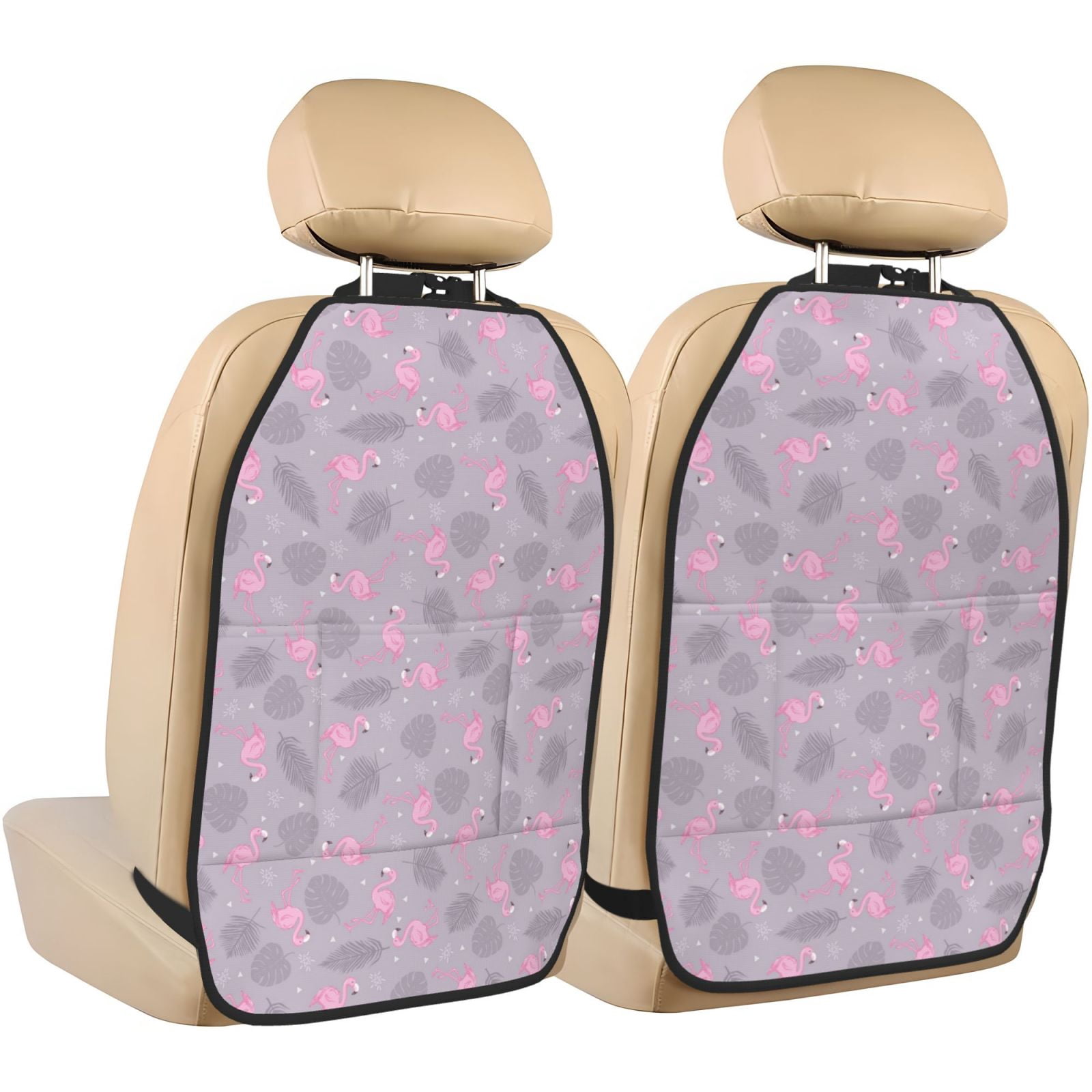 Kdxio Flamingo Print 2 Pack Car Kick Mat Seat Cover Back Protector Mat with Pockets for Organizer Backseat Protector and Storage Anti Kick Pad for Vehicles