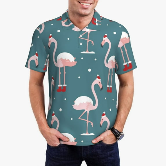 Kdxio Flamingo Print Men's Short Sleeve Polo Shirt,Midweight Men's Shirt