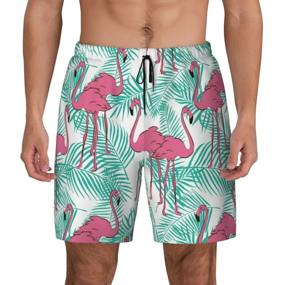 Kdxio Flamingo Print Men's Swim Trunks with Compression Liner 7 Inch Inseam Quick Dry Swim Shorts