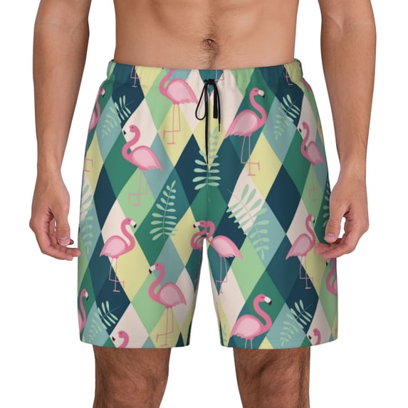 Kdxio Flamingo Print Men's Swim Trunks with Compression Liner 7 Inch Inseam Quick Dry Swim Shorts