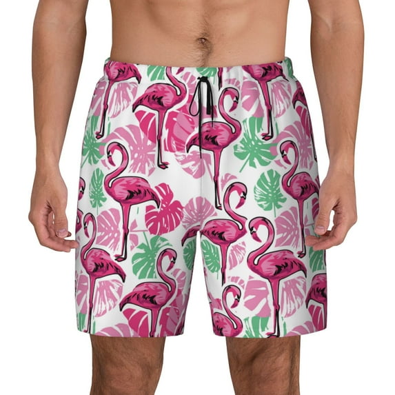 Kdxio Flamingo Print Men's Swim Trunks with Compression Liner 7 Inch Inseam Quick Dry Swim Shorts