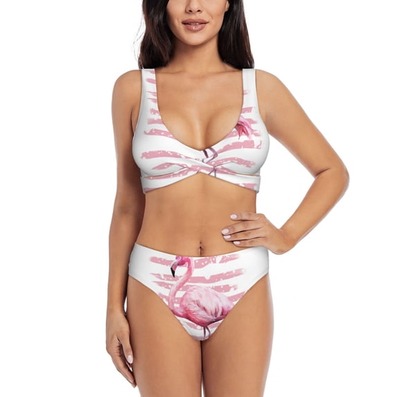 Kdxio Flamingo Print Women's 2 Piece High Waisted Wrap Spaghetti Strap Summer Swimsuit Bikini Set-