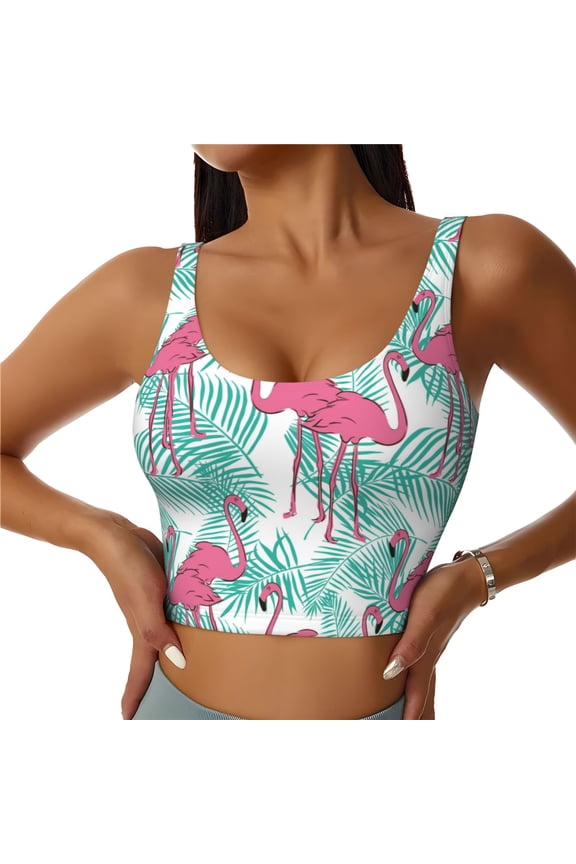 Flamingo Print Workout Crop Tank Top for Women Racerback Yoga Tank Tops Athletic Sports Shirts Exercise Undershirts