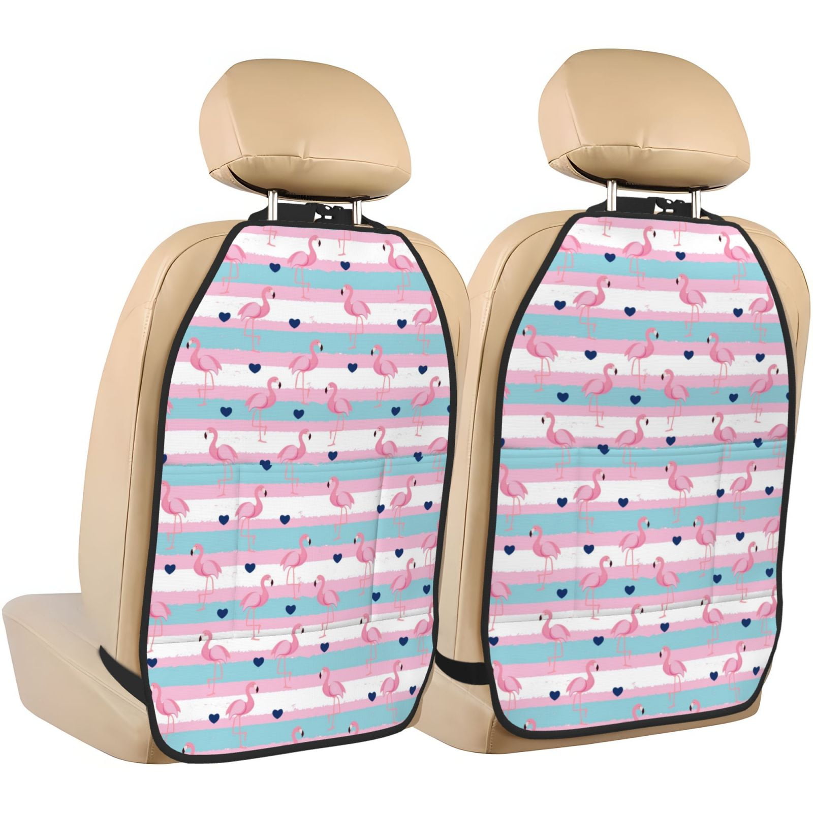 Kdxio Flamingo1 Print 2 Pack Car Kick Mat Seat Cover Back Protector Mat with Pockets for Organizer Backseat Protector and Storage Anti Kick Pad for Vehicles