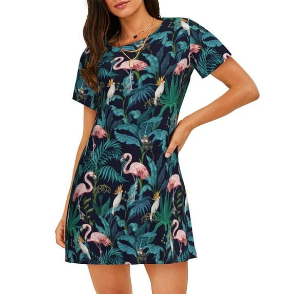 Kdxio Flamingos And Birds Pattern Womens Short Sleeve Sleepshirt Scoopneck Cute Nightdress Ruffle Comfy Nightgown