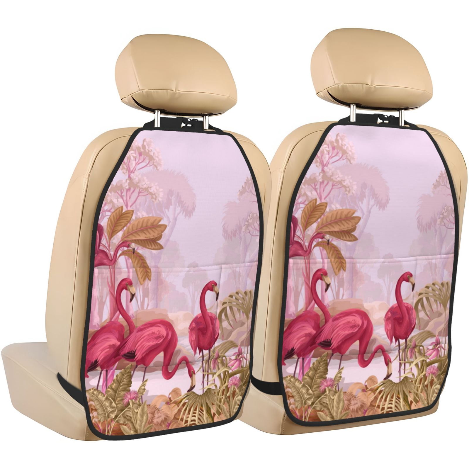 Kdxio Flamingos In The Tropical Forest Print 2 Pack Car Kick Mat Seat Cover Back Protector Mat with Pockets for Organizer Backseat Protector and Storage Anti Kick Pad for Vehicles