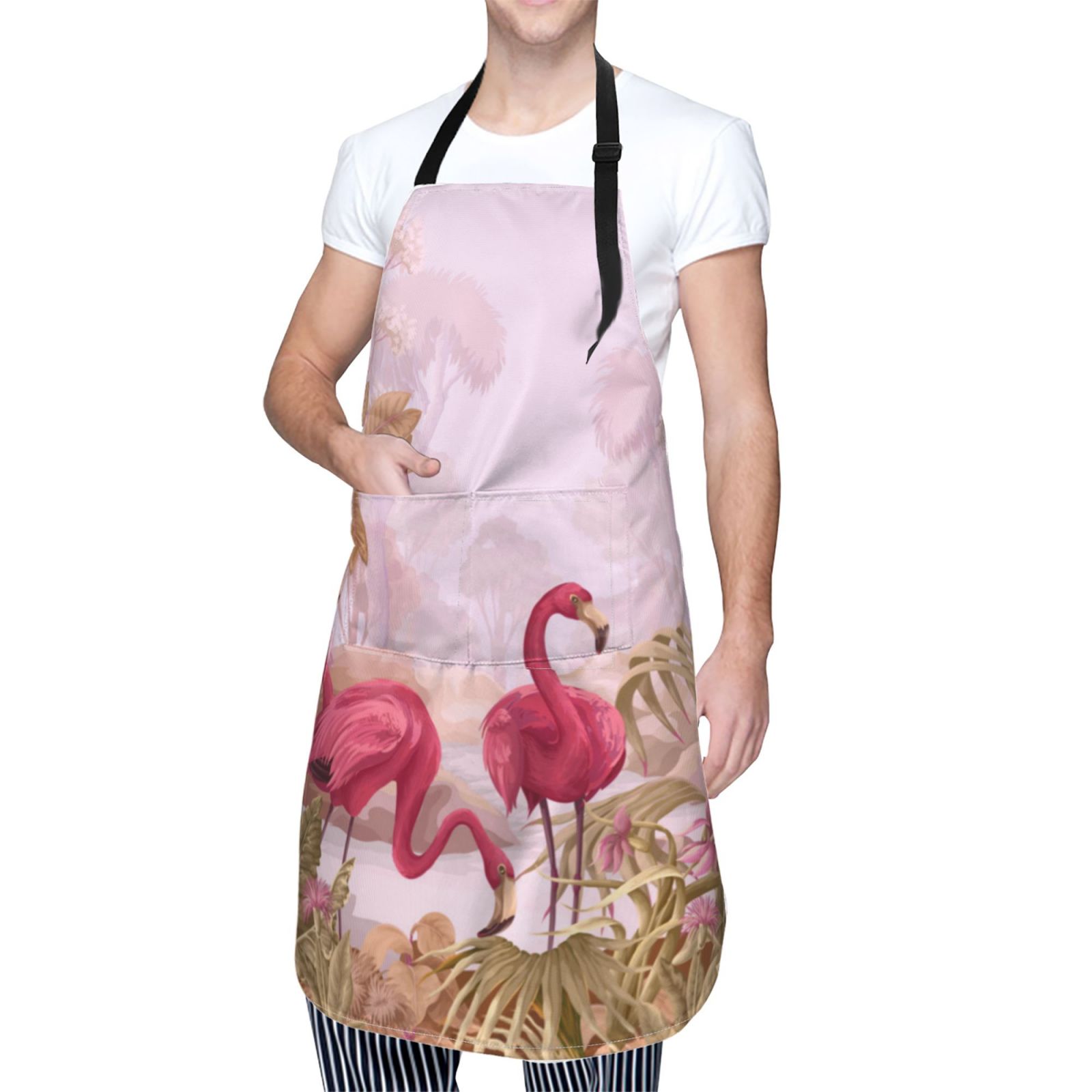 Kdxio Flamingos In The Tropical Forest Apron with Pockets Adjustable Kitchen Aprons for Men Women Waterproof Aprons for Cooking,Drawing,Crafting, Baking Household Cleaning