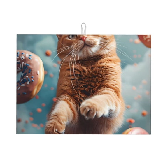 Kdxio Floating Cat And Donuts for Dish Drying Mat,24*18 inch Absorbent Dish Drainer Kitchen Counter,Large Size Dish Drying Pad for Countertops,Draining Racks