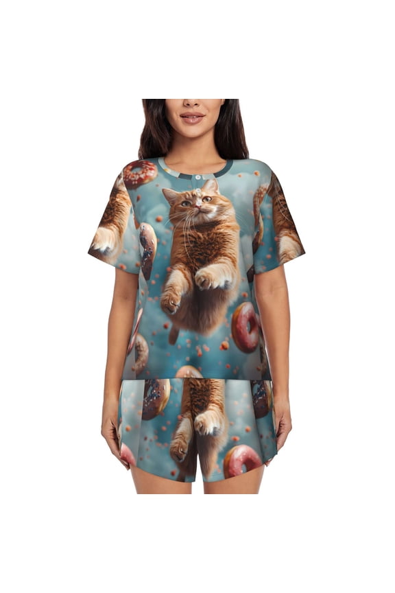 Floating Cat And Donuts Print Pajamas Sets for Women Short-Sleeved Pjs with Lounge Shorts Two Piece Sleepwear S-4XL