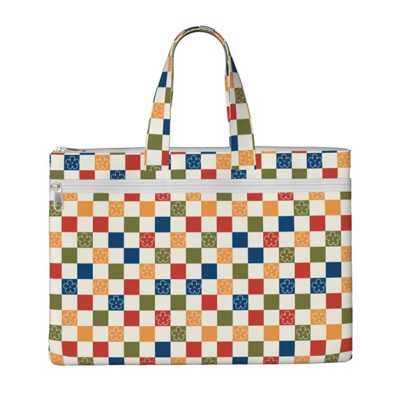 Kdxio Floral Checkerboard File Tote Document Bag Business Briefcase Bag Document Organizer Tote Briefcase for Letter A4 Files Business Teacher Office Bag