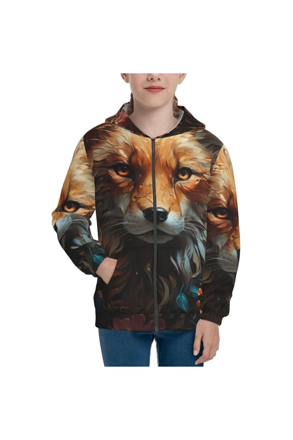 Floral Fox Pattern Kids Boys Girls Zip Up Hoodie 3D Printed Hooded Sweatshirt Hoody Coat with Pocket 7-12 Y-Small