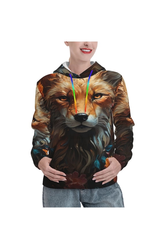 Floral Fox Print Womens Oversized Hoodies Sweatshirts Hooded Pullover Tops Sweaters Casual-X-Large