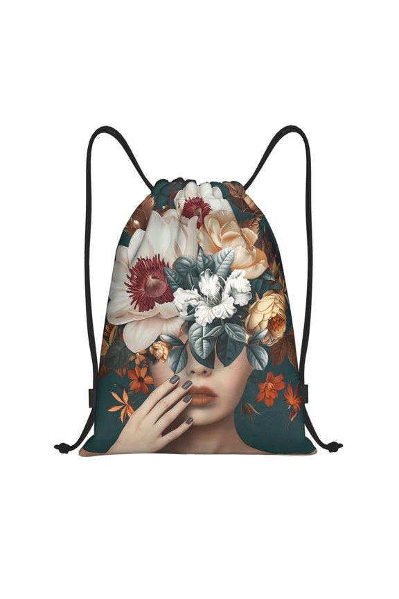 Floral Head Dreamscape Print Drawstring Backpack Bag,Waterproof Draw String Back Sack, Gym Drawstring Bags Swim Bag For Unisex