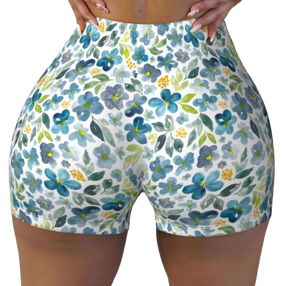 Kdxio Floral In Blue Print Workout Shorts for Women Seamless Soft Smooth Gym Yoga Scrunch Active Shorts
