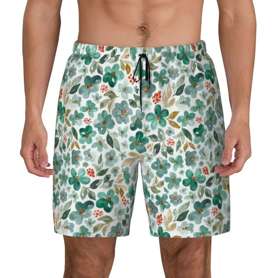 Kdxio Floral In Teal Print Men's Swim Trunks with Compression Liner 7 Inch Inseam Quick Dry Swim Shorts