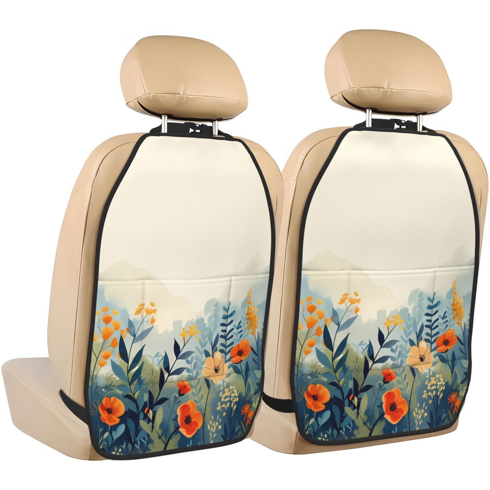 Kdxio Floral Mountain Landscape Print 2 Pack Car Kick Mat Seat Cover Back Protector Mat with Pockets for Organizer Backseat Protector and Storage Anti Kick Pad for Vehicles