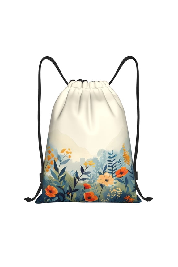Floral Mountain Landscape Print Drawstring Backpack Bag,Waterproof Draw String Back Sack, Gym Drawstring Bags Swim Bag For Unisex