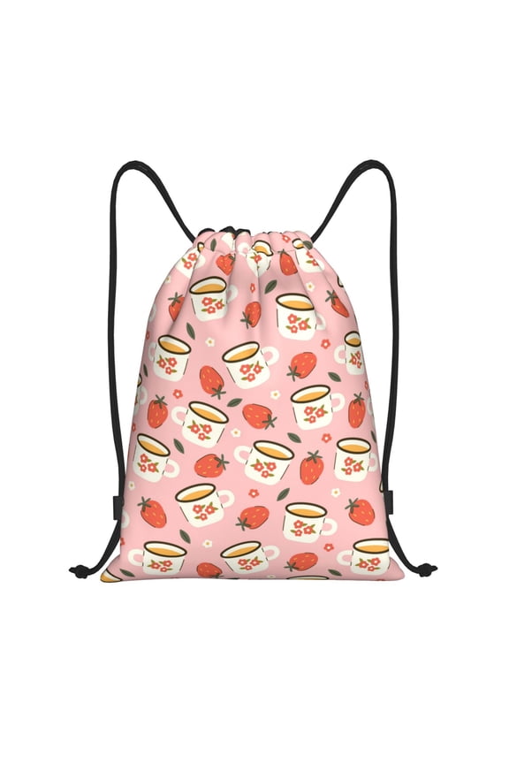 Floral Mugs And Strawberries Print Drawstring Backpack Bag,Waterproof Draw String Back Sack, Gym Drawstring Bags Swim Bag For Unisex
