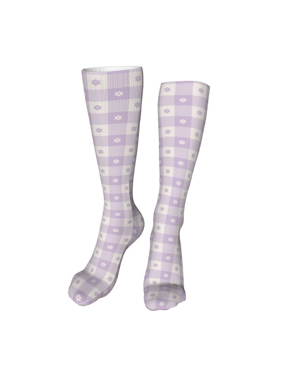 Floral Purple Buffalo Plaid Funny Silky Novelty Funky Long Knee High Socks Soft 3D Print Cosplay Crazy Stockings for Men Women
