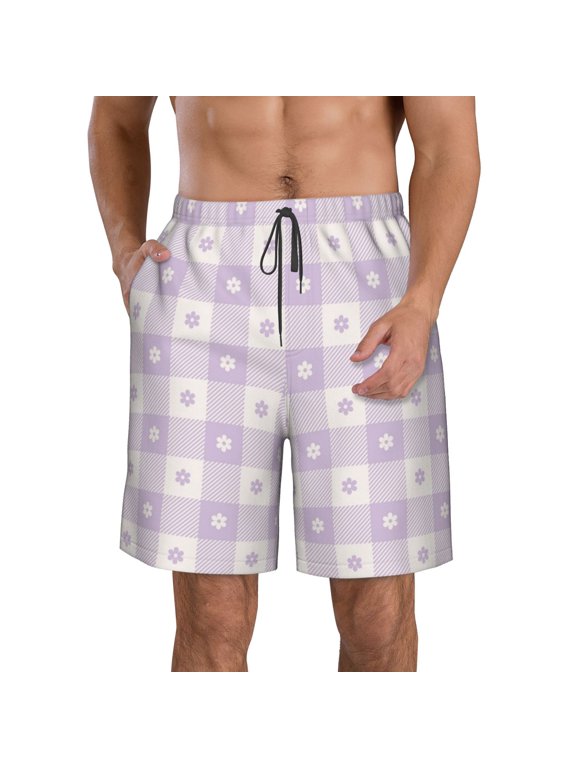Floral Purple Buffalo Plaid Pattern Mens Casual Shorts - Drawstring Summer Beach Sports Shorts for Men